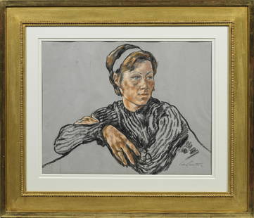 Lotte Laserstein: Lotte Laserstein (1898 Preußisch-Holland - 1993 Kalmar/Schweden) Porträt einer jungen Frau Sich mit verschränkten Armen auf eine Lehne stützende Frau in schwarzem Pullover, den Kopf ins Ha