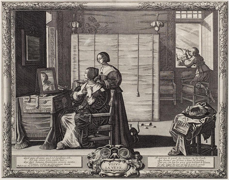 Abraham Bosse: Abraham Bosse (Um 1604 Tours - 1676 Paris) Kompletter Satz der Folge "Les Cinq sens" (Die fünf Sinne) mit allegorischen Szenen Kupferstiche/Papier, um 1635-1638. Hrsg. Melchior Tavernier, Paris.