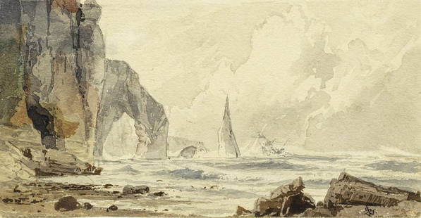 Johann Wilhelm Schirmer: Johann Wilhelm Schirmer (1807 Jülich - 1863 Karlsruhe) Am Strand von Étretat Blick auf die berühmten Kreidefelsen in der Normandie. Aquarell/Papier. R. u. Ligatur-Monogr, "JWS". Ca. 11