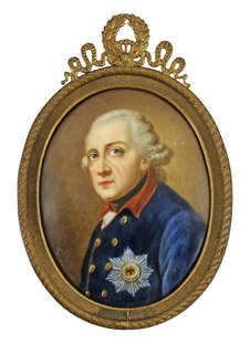 Miniaturporträt Friedrich des Großen: Miniaturporträt Friedrich des Großen Ovales Brustbildnis des preußischen Königs Friedrich des Großen. Nach dem Gemälde von Anton Graff (1763 - 1813) aus dem Jahre 1781. F