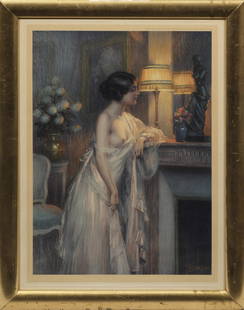 Delphin Enjolras: Delphin Enjolras (1857 Coucouron - 1945 Toulouse) Erotische Interieurszene mit junger Dame im Lampenschein Farblithographie/Papier. Im Stein sign.; Am oberen Rand typographisch bez. "Copyright. Publis