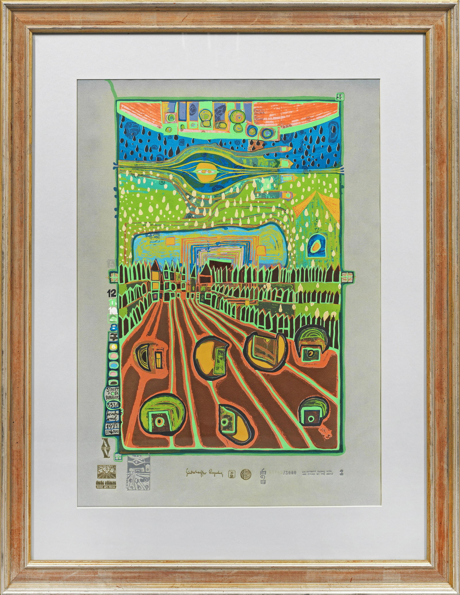 Friedensreich Hundertwasser: Friedensreich Hundertwasser (1928 Wien - 2000 an Bord der Queen Elizabeth II vor Brisbane/Australien) "Street for Survivors". Originaltitel Fabserigraphie mit Metallprägung/hellgraues Papier, 197