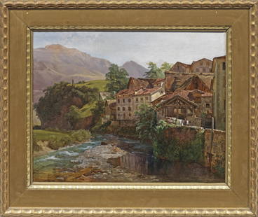 Johann Wilhelm Schirmer: Johann Wilhelm Schirmer (1807 Jülich - 1863 Karlsruhe) attr.; Ansicht von Paularo in Nordostitalien Spätromantische Landschaft mit Blick auf das pittoreske kleine Dorf Paularo in Karnien (bz