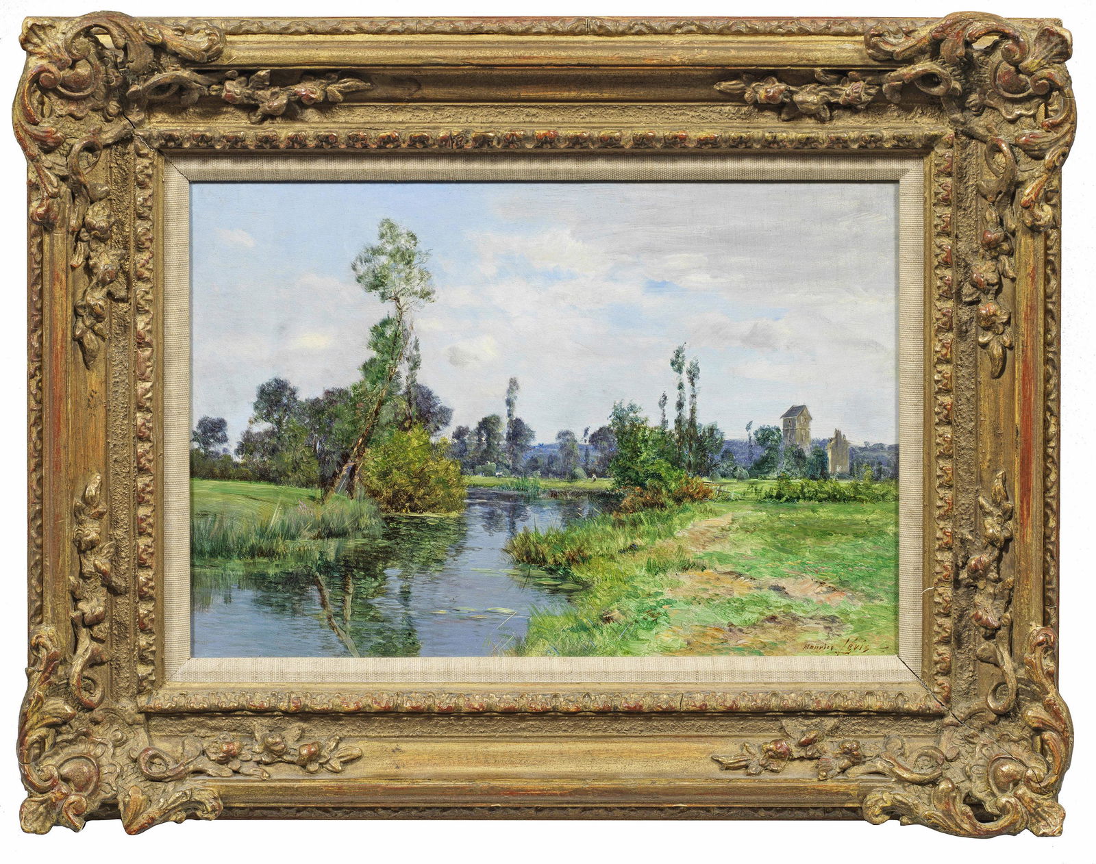 Maurice Lévis: Maurice Lévis (1860 Paris - 1940 ebenda) Sommertag Blick auf eine elegische lichtdurchflutete Flusslandschaft unter einem blauen duftig bewölkten Himmel. Lévis studierte ab Ende der 187