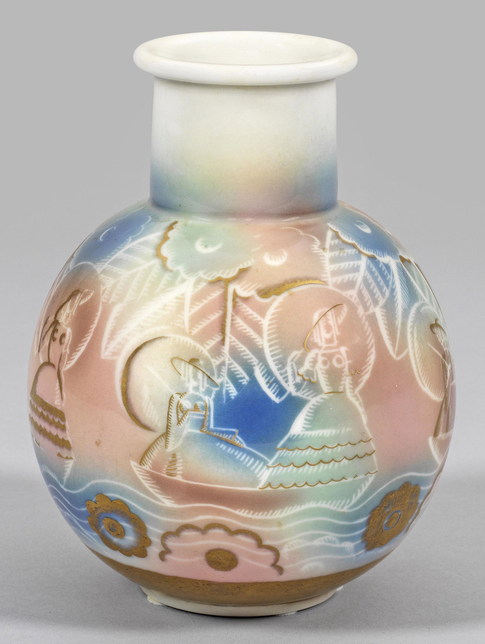 Art DÃ©co-Vase mit Dekor von Anne-Marie Fontaine: Kugelform mit zylindrischem Hals und wulstigem MÃ¼ndungsrand. Vase "Aubert, Nr. 7". Umlaufender Dekor "promenade en bateau". Zwei in einem Boot sitzende Damen mit Sonnenschirm Ã¼be