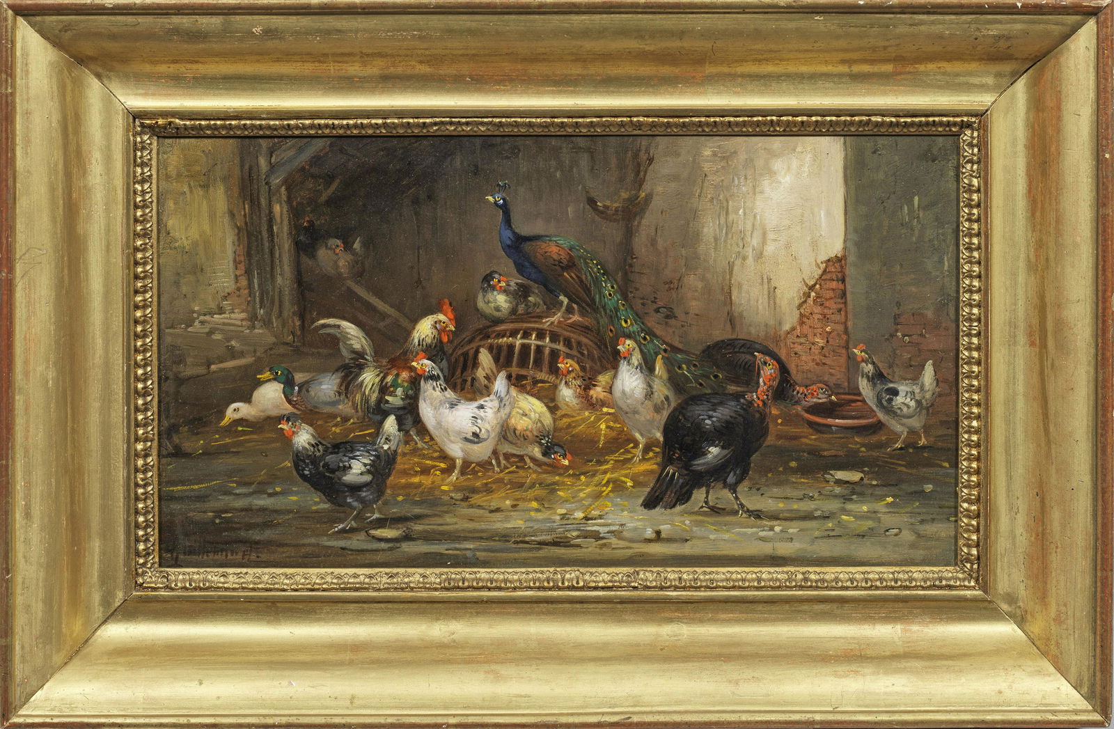 Claude Guilleminet: (1821 Paris - 1860 ebenda) Pfau und HÃ¼hner im Stall Mit sicherem Strich und virtuoser Farbigkeit stimmungsvoll gemaltes GeflÃ¼gelmotiv. Guilleminet zeigte seine qualitÃ¤
