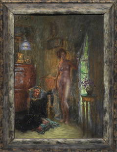 Ludwig Deutsch: (1855 Wien - 1935 ebenda) Stehender weiblicher Akt im Boudoir Szenische Darstellung, bei welcher der Akt durch einen zur Seite geschobenen Vorhang in einen Garten blickt, während das diffus