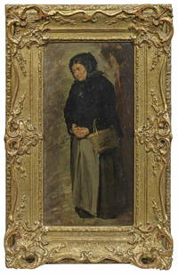 Wilhelm Leibl: (1844 Köln - 1900 Würzburg) Umkreis Alte Bäuerin mit Korb Wohl um 1870 entstandenes Bildnis aus dem engsten Leibl-Kreis. Motiv und realistischer Stil deuten auf ein We