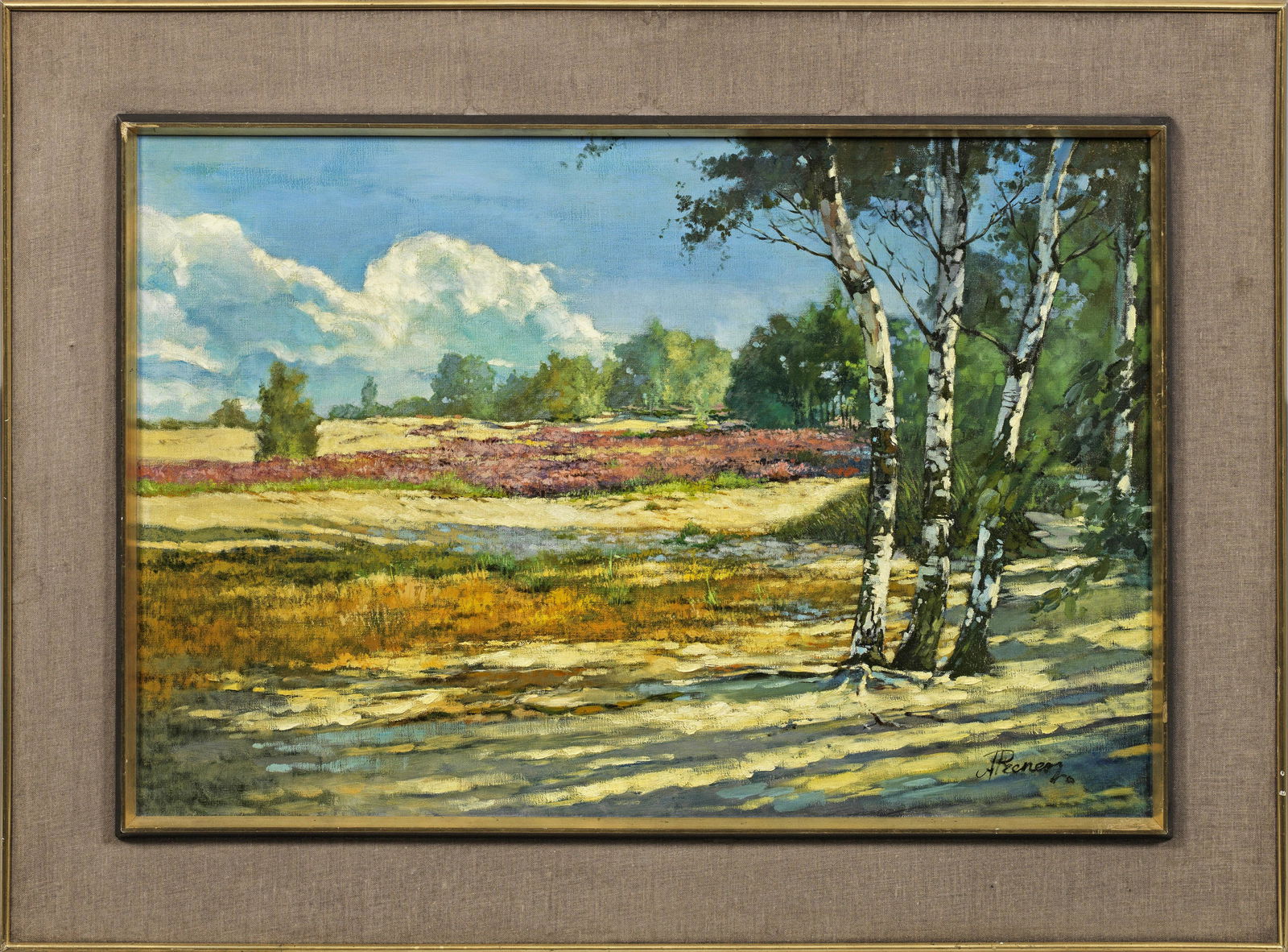 Deutscher Landschaftsmaler: (TÃ¤tig im 20. Jh.) Norddeutsche Sommerlandschaft mit blÃ¼hender Heide Ã–l/Lwd.; R. u. undeutl. sign.; 60 cm x 90 cm. Rahmen. German landscape painter active 20th C.; Oi