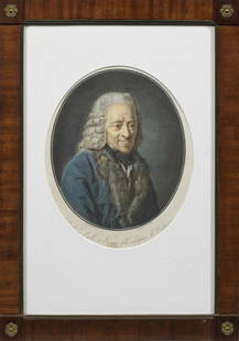 Pierre Michel Alix: (1762 Paris - 1817 ebenda) Ovalbildnis von Voltaire Farbiger Punktierstich/Papier. In der Platte sign. u. bez.; Nach einem Gemälde von Jean-François Garnerey. Darstellung 24,5 cm