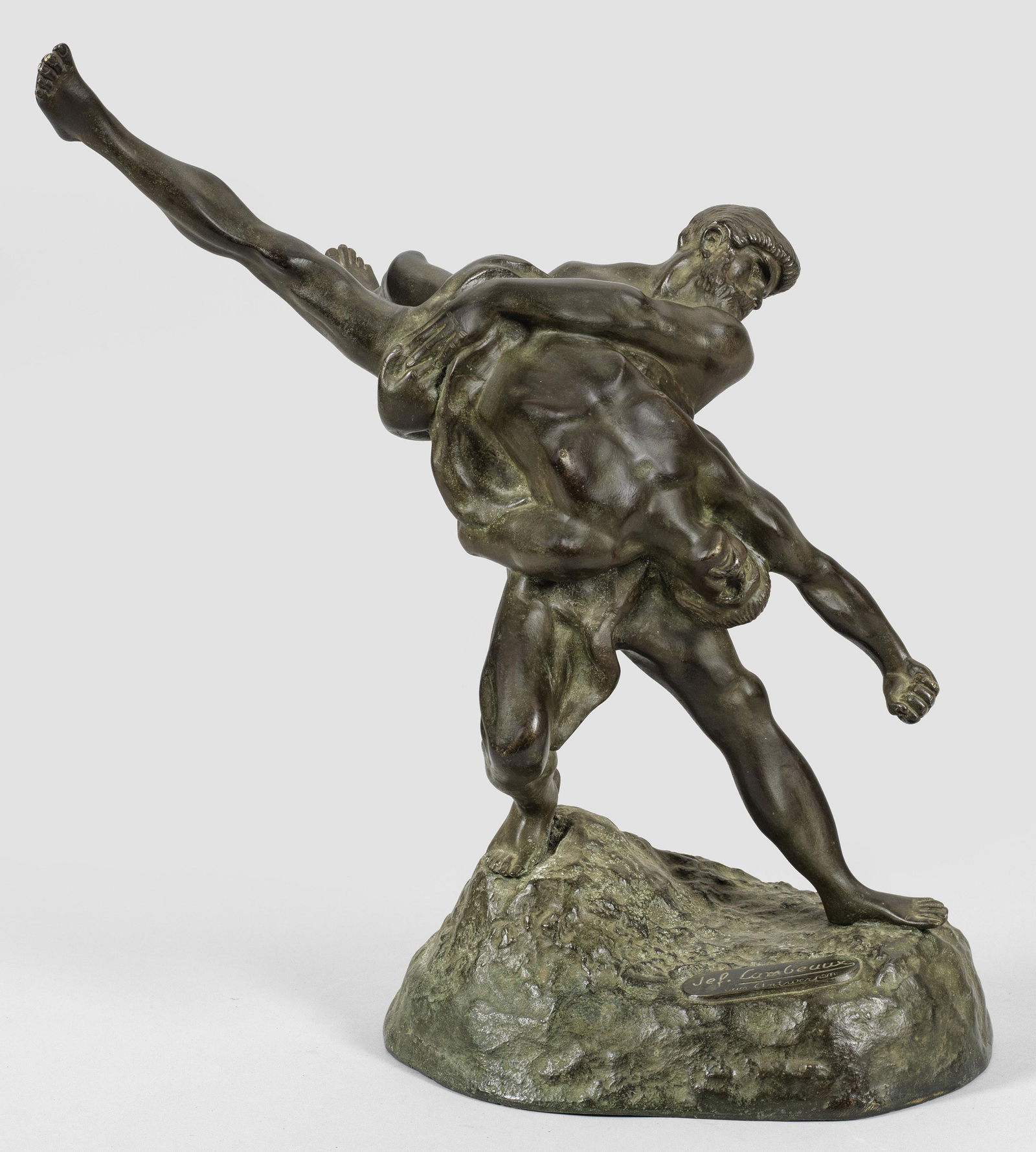 Jef Lambeaux: (1852 Antwerpen - 1908 BrÃ¼ssel) "Les lutteurs" (Die Ringer). Originaltitel Bronze, dunkelgrÃ¼n patiniert. Sign.; "Jef. Lambeaux van Antwerpen". GieÃŸerinschrift "R. DEBR