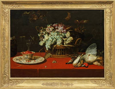 Frans Snyders (Snijders): (1579 Antwerpen - 1657 ebenda) Stillleben mit Weintrauben, Erdbeeren und Wildvögeln Kunstvoll und ausgewogen hat Snyders dieses Stillleben komponiert. Arrangiert auf einem mit leuchtendrotem Tuch