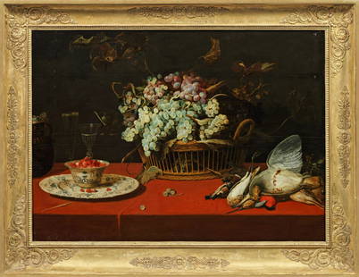 Frans Snyders (Snijders): (1579 Antwerpen - 1657 ebenda) Stillleben mit Weintrauben, Erdbeeren und Wildvögeln Kunstvoll und ausgewogen hat Snyders dieses Stillleben komponiert. Arrangiert auf einem mit leuchtendrotem