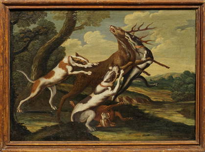 Frans Snyders: (1579 Antwerpen - 1657 ebenda) Umkreis oder Nachfolger des 17./18. Jhs.; Hunde bei der Hirschhatz Motiv und Komposition des Barock-Gemäldes sind sichtlich durch Frans Snyders beeinflusst, den bed