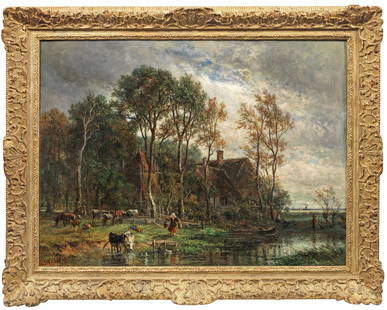 Carl Ebert: 1821 Stuttgart - 1885 München) Weiler in Holland Blick auf eine baumbestandene Niederungs-Landschaft mit Wassermühle, belebt durch eine reiche Staffage aus einer jungen Melkerin mit Joch, K&