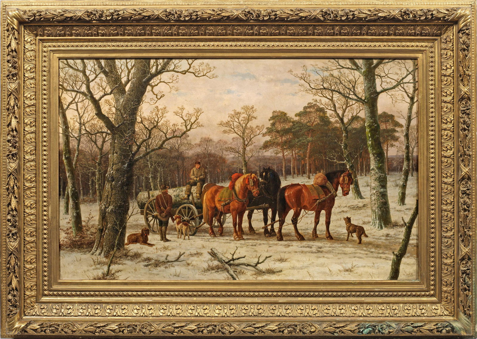 Caesar Bimmermann: (1821 Eupen - 1888 Niederlande) Jäger und Arbeiter mit Holzfuhrwerk am Rand eines niederrheinischen Eichenwaldes Stimmungsvolles, motiv- und stiltypisches Werk des deutsch-niederländischen K