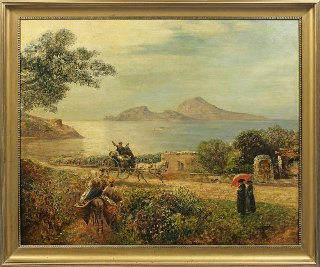Oswald Achenbach: (1827 Düsseldorf - 1905 ebenda) Morgenstimmung am Golf von Neapel mit Blick auf Capri Weiter Blick von einem erhöhten Standpunkt, wohl bei Sorrent bzw. Massa Lubrense, über das Mittelme