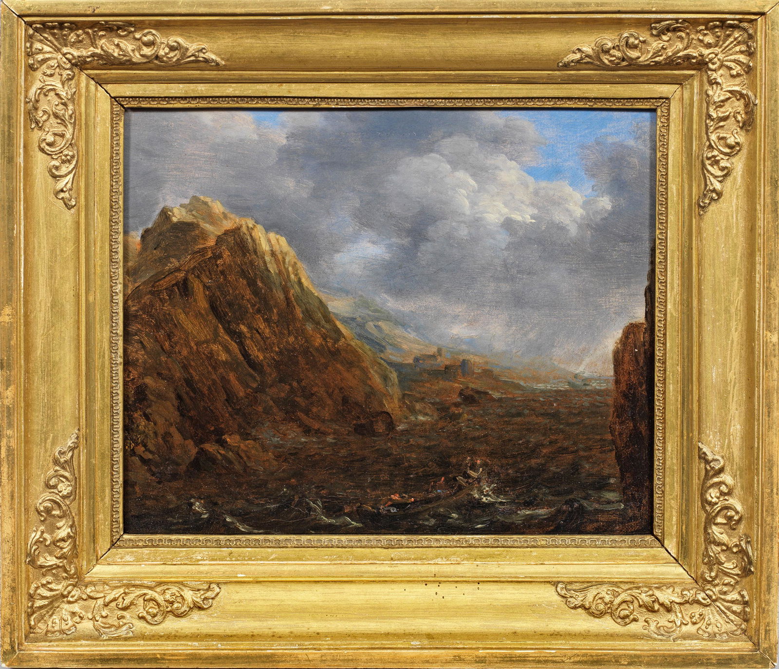 Carl Rottmann: (1797 Handschuhsheim b. Heidelberg - 1850 München) attr.; Felsige Mittelmeerküste mit kleinem besetzten Boot Subtil erfasste, mediterrane, atmosphärisch gestimmte Landschaftsimpression.