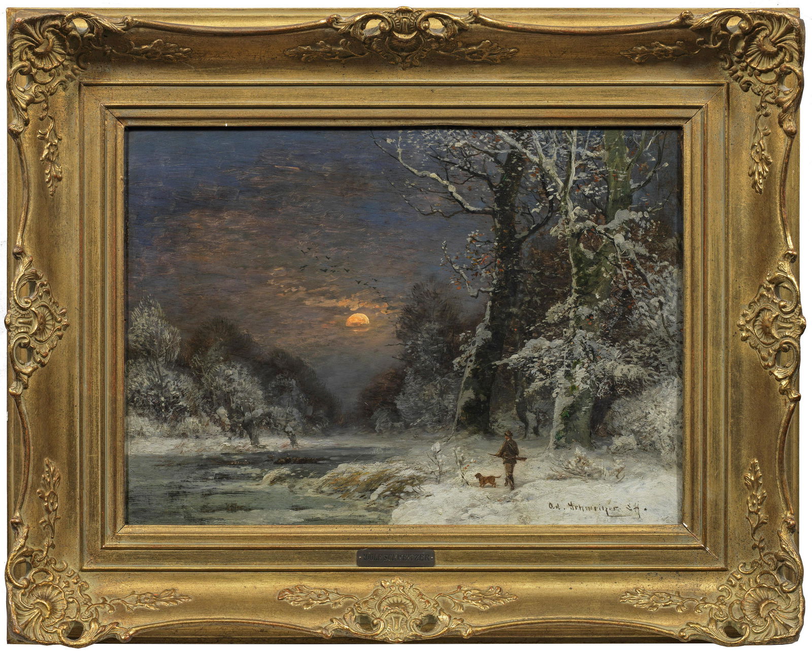 Adolf Gustav Schweitzer: (1847 Dessau - 1914 Düsseldorf) Winterlandschaft mit pirschendem Jäger Stimmungsvolle Landschaft Schweitzers, der 1867-1875 an der Düsseldorfer Akademie bei Oswald Achenbach, Eugen D