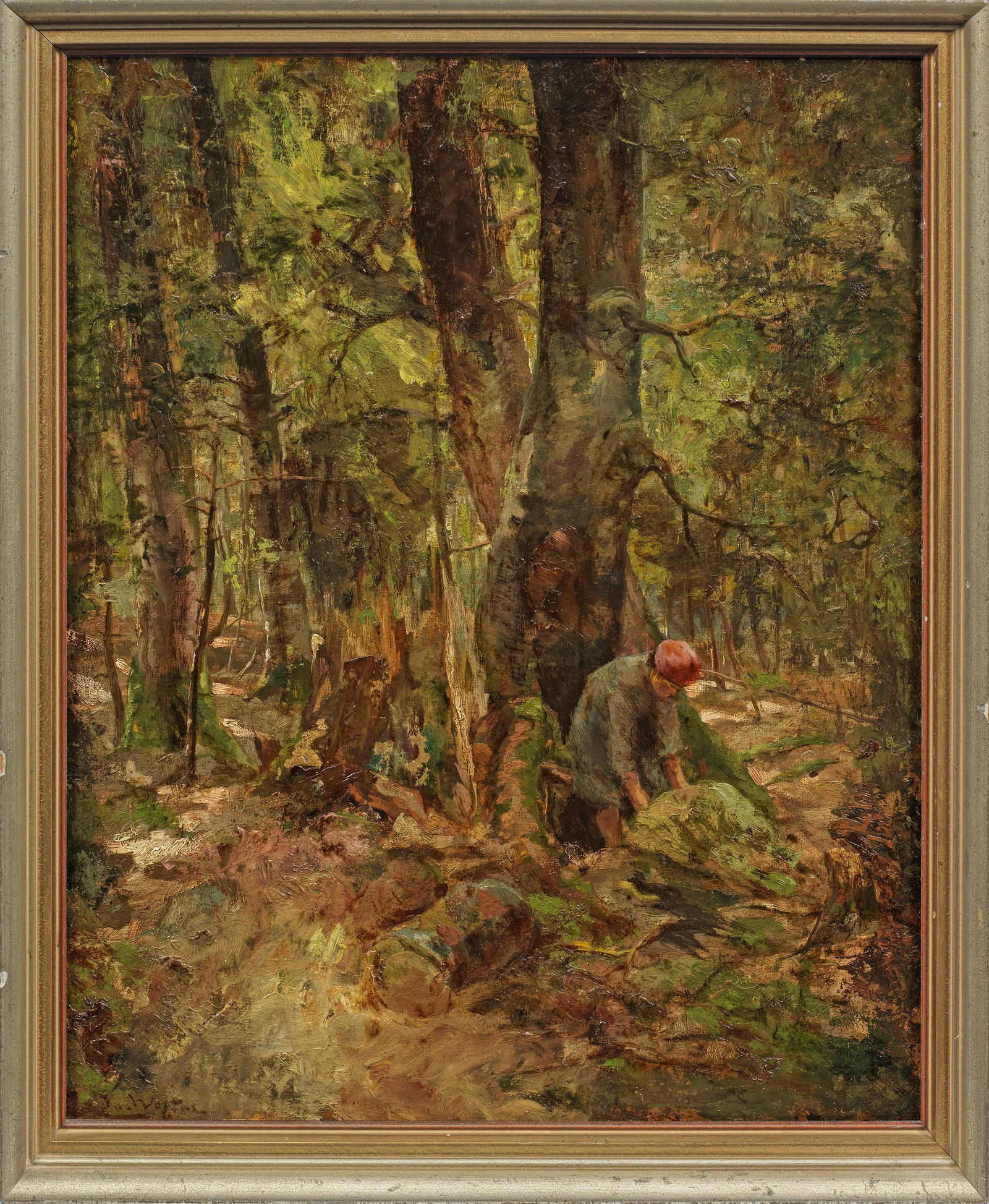 Joseph Watter: (1838 Regensburg - 1913 München) Waldpartie mit Figurenstaffage In lockerem Duktus und erdigem Kolorit gemalte Landschaft Watters, der zunächst an der Münchner Kunstgewerbeschule und ab