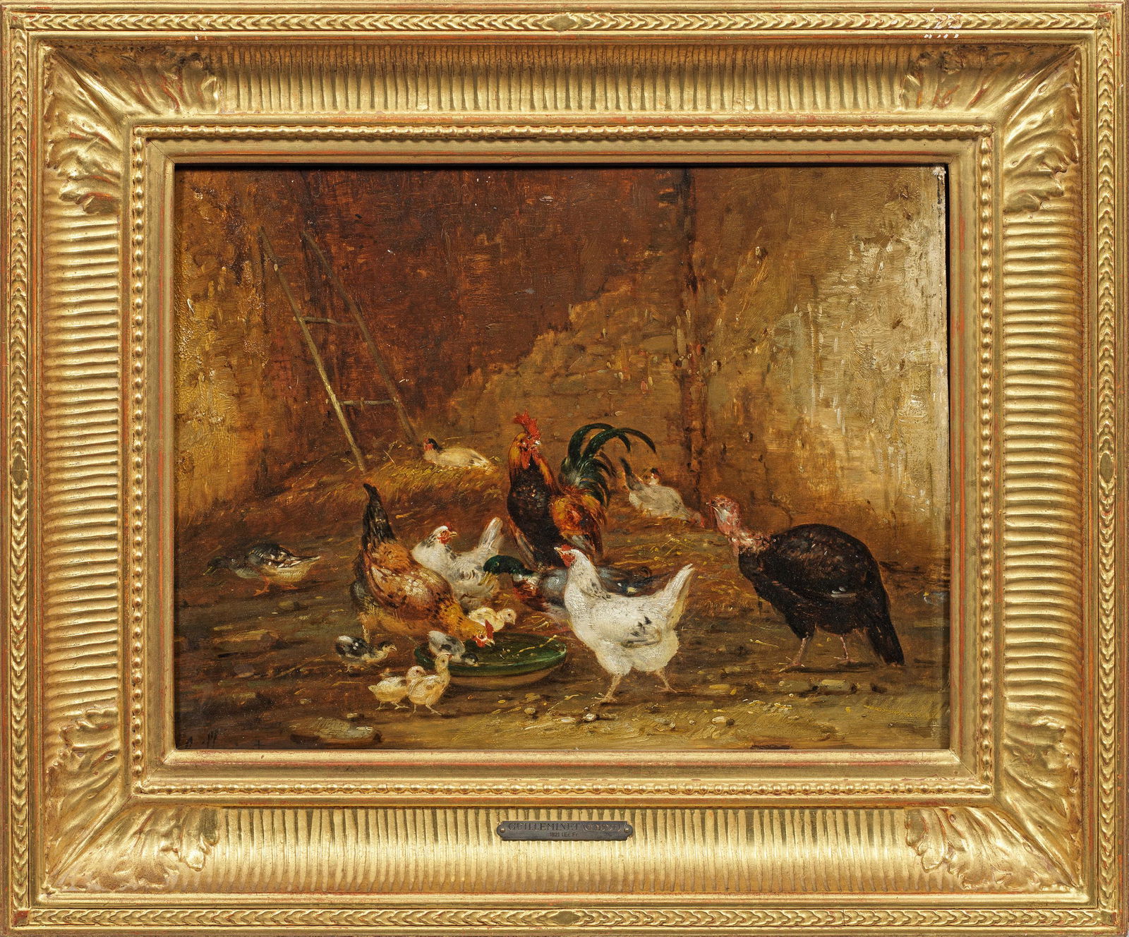 Claude Guilleminet: (1821 Paris - 1860 ebenda) Truthahn und Hühner im Stall Mit sicherem Strich und virtuoser Farbigkeit stimmungsvoll gemaltes Geflügelmotiv. Ab 1857 zeigt Guilleminet seine qualitätvollen