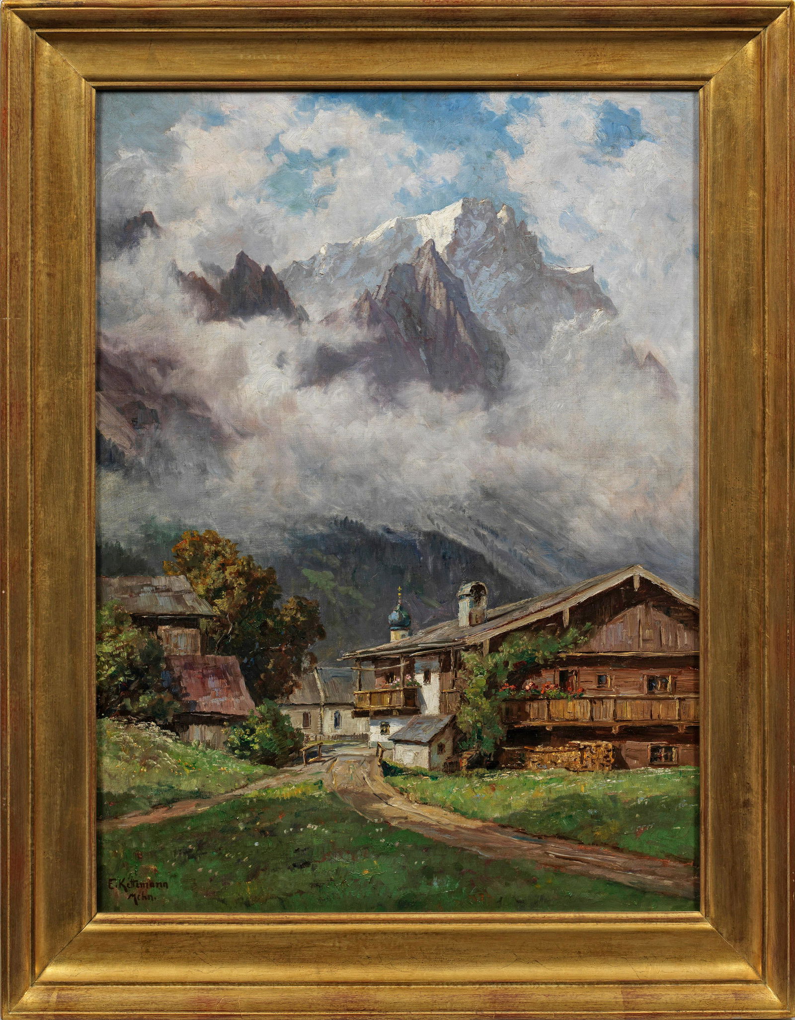 Erwin Kettemann: (1897 München - 1971 ebenda) "Zugspitze von Untergrainau bei Garmisch". Originaltitel Spätimpressionistische, atmosphärische, in effektvoller Lichtführung ausgeführte Landscha