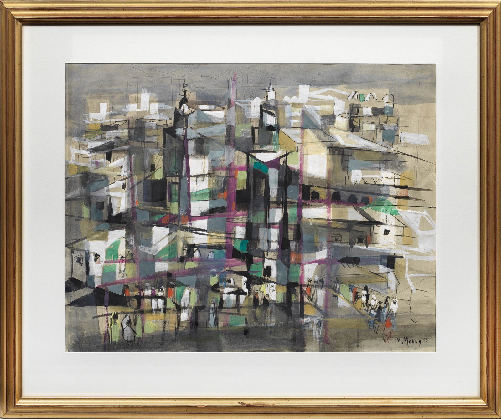Marcel Mouly: (1918 Paris - 2008 Clamart) Nordafrikanische Stadtlandschaft mit Figuren Frühes, 1953 entstandenes Werk Moulys mit stark abstrahierter, flächig komponierter, mosaikartiger Darstellung und ei