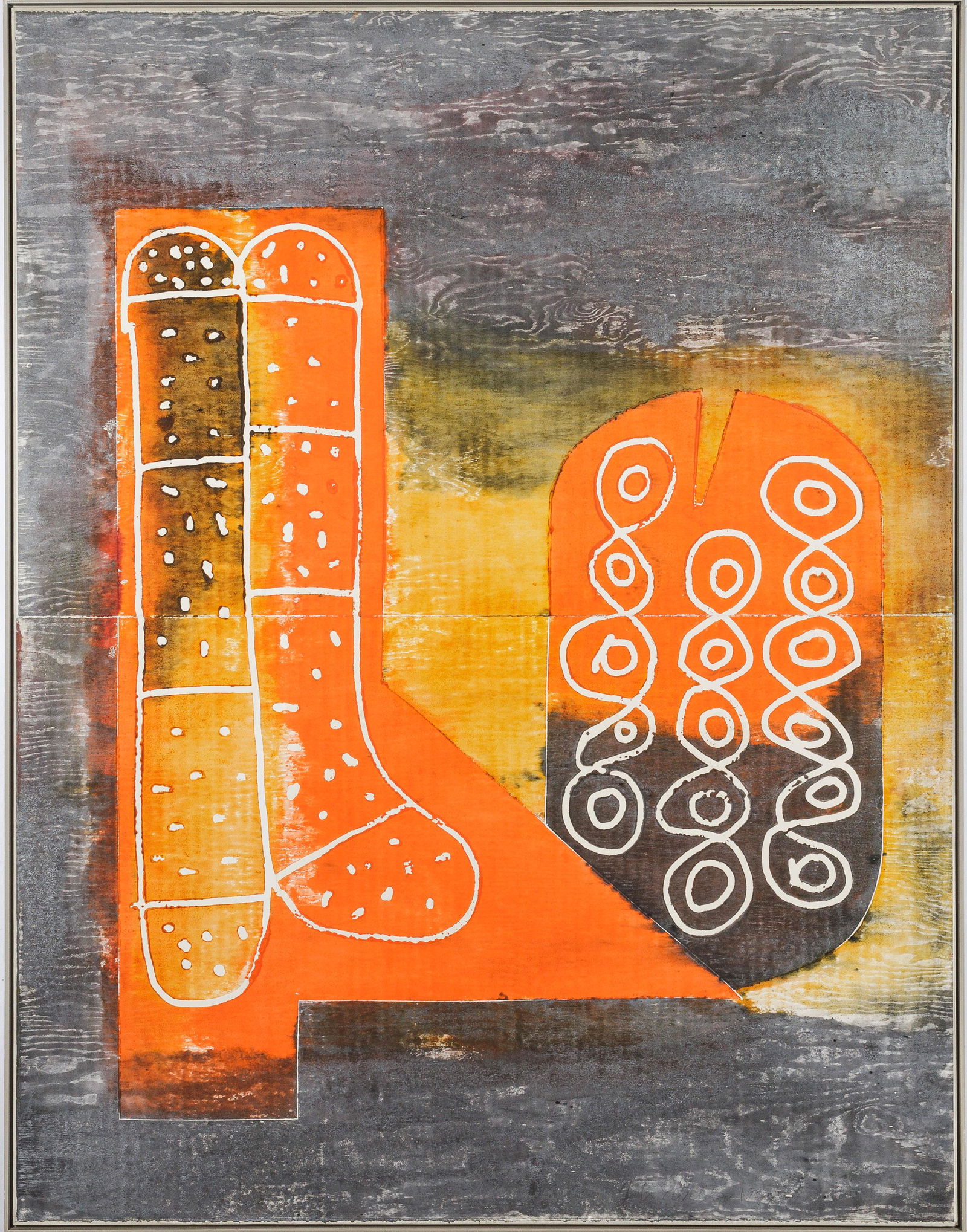 John Walker: (Geb. 1939 Birminghan. Ansässig in Boston/Massachusetts/USA) Ohne Titel 1988 wohl in Australien entstandene, abstrakt-expressionistische, von der Kunst der Aborigines inspirierte, großformat