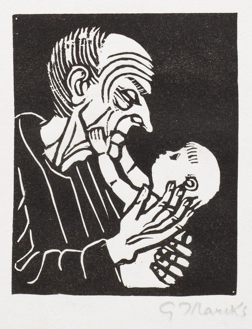 Gerhard Marcks: (1889 Berlin - 1981 Burgbrohl/Eifel) "Alter Mann mit Kind". Originaltitel Holzschnitt/Velin, 1965. R. u. sign.; Wvz. Lammek H 407. Darstellung 10,2 x 8,2 cm. Rahmen. Wood cut on paper. Hand-signed.