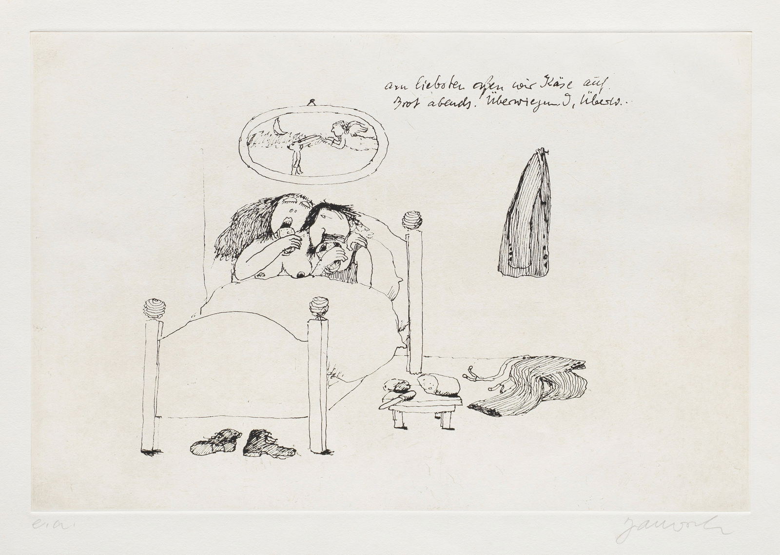 Janosch (Horst Eckert): (Geb. 1931 in Zabrze/Hindenburg/Oberschlesien) "am liebsten aßen wir Käse auf Brot abends. Überwiegend, Überw.". Originaltitel Radierung/Velin. R. u. sign.; L. u. bez. "e. a." (K&#