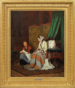 Johann Georg Meyer von Bremen: (1813 Bremen - 1886 Berlin) Mutterglück In einem großbürgerlichen Interieur sitzende, junge stolze Mutter, die bei einer Teepause auf ihr von einer jungen Magd gehaltenes Kind blickt. I