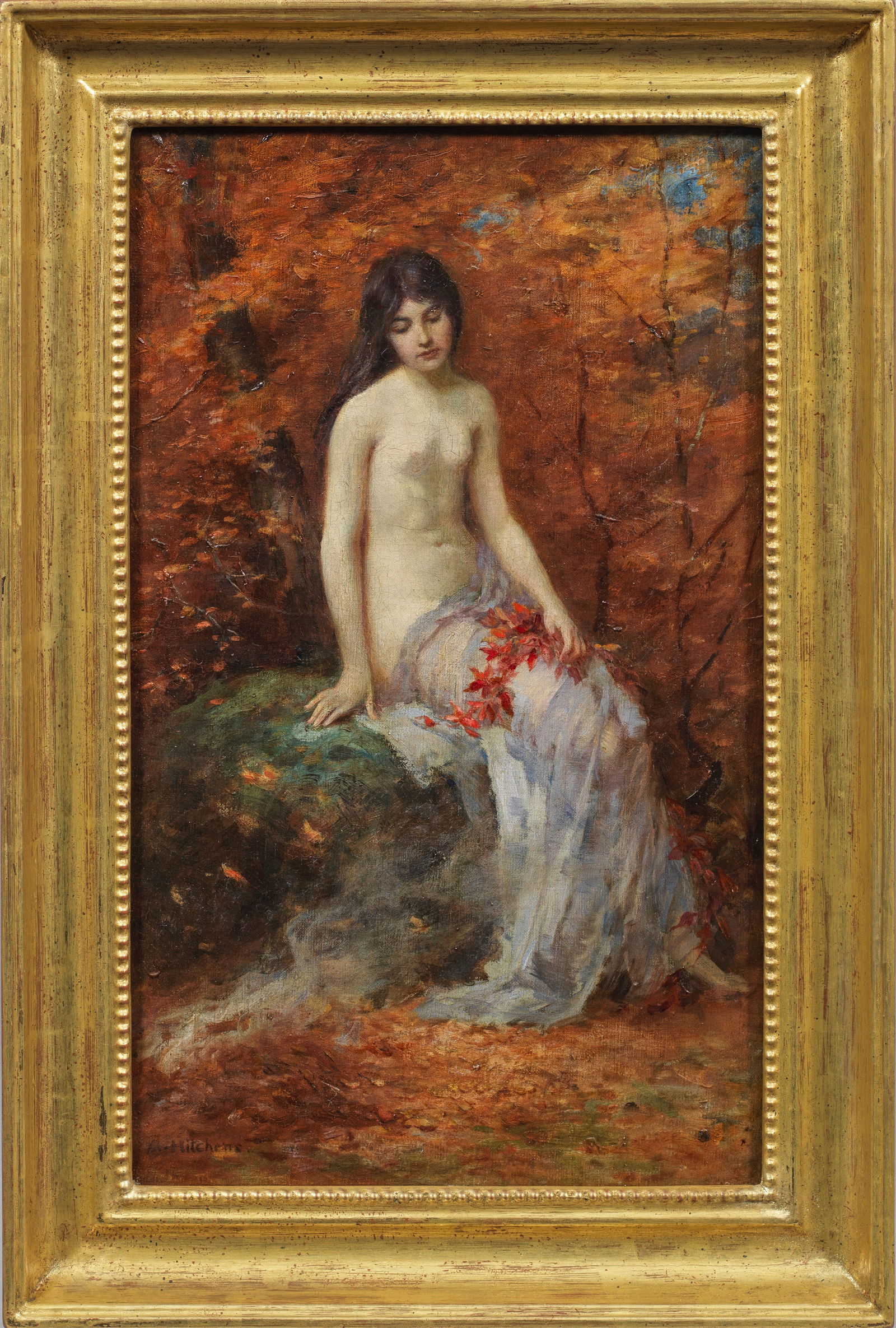 Alfred Hitchens: (1861 Peckham Rye/Surrey - 1942 Midhurst/West Sussex) Der Herbst Als Personifikation des Herbsts sitzt der junge weibliche Akt, spärlich bedeckt durch ein leichtes Tuch über den Beinen und e