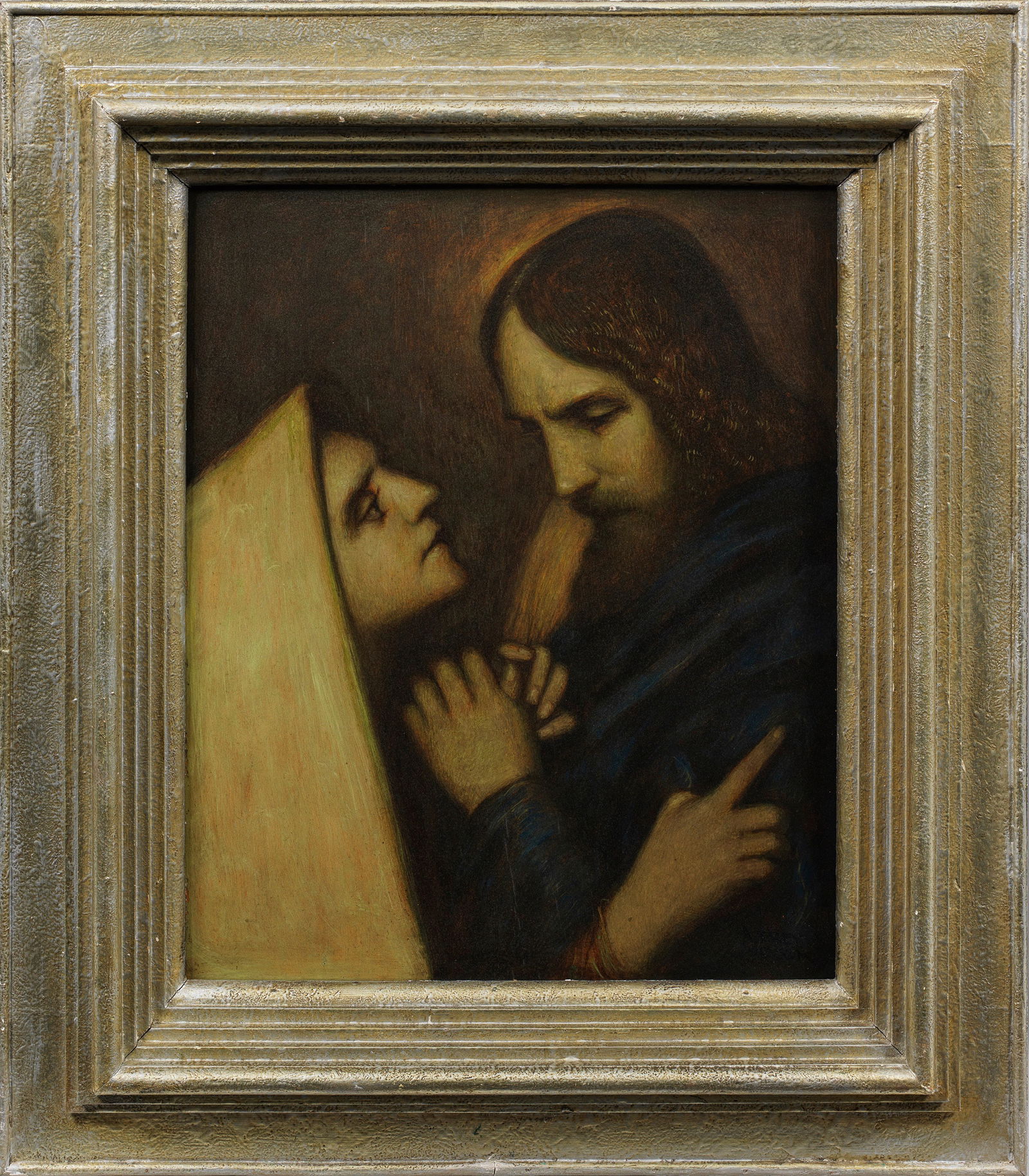 Adolf Frey-Moock: (1881 Jona/Kanton St. Gallen - 1954 Egnach/Kanton Thurgau) Christus und Maria Das in vorwiegend tonigem Kolorit gemalte Werk gehört zu den stiltpischen, symbolistischen Gemälden des Schweize