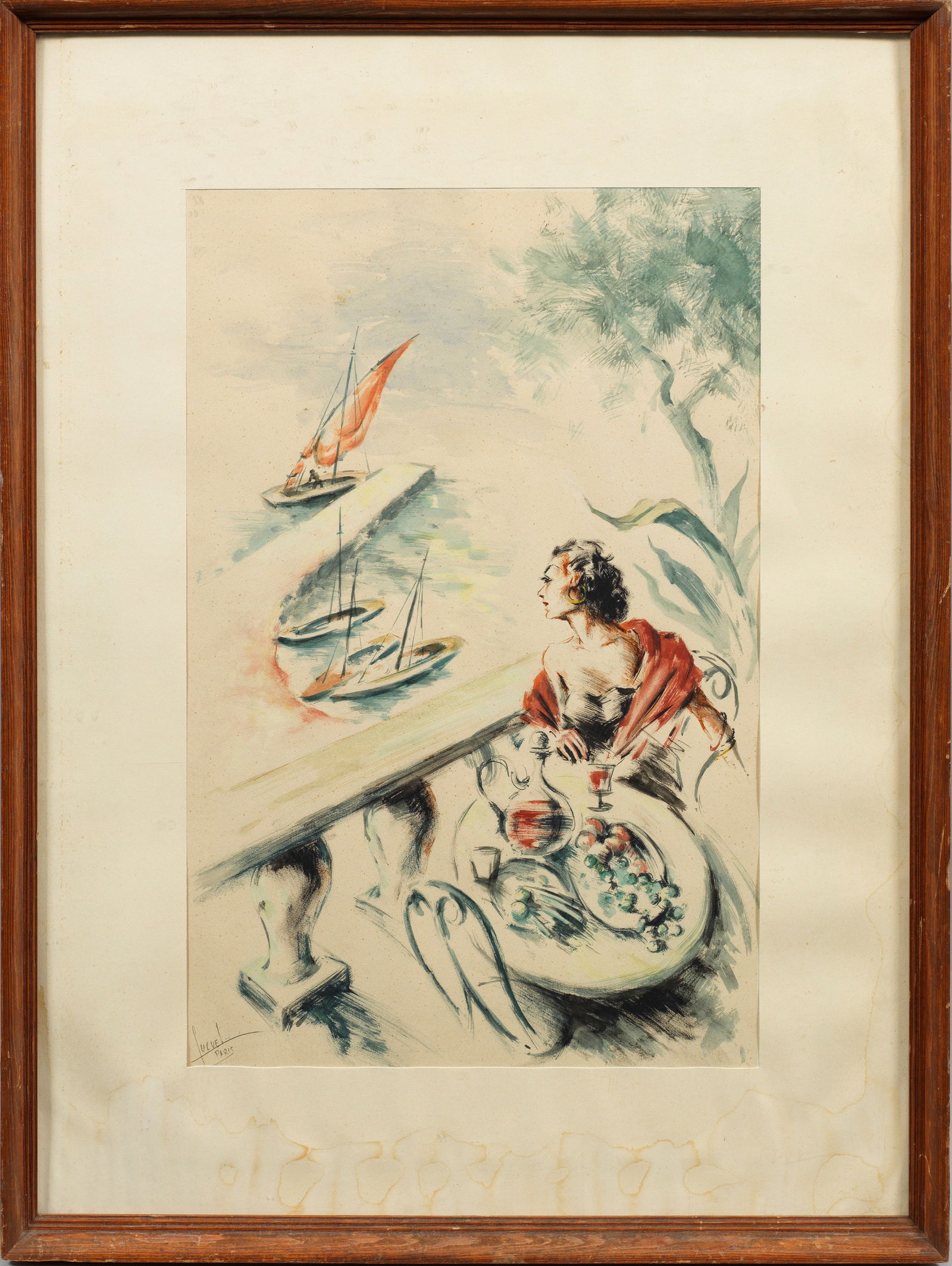 Edward Cucuel: (1875 San Francisco - 1954 Pasadena) Elegante Dame beim Blick auf Boote am Meeresufer Impressionistisches, mit schwungvollem Duktus gemaltes Blatt des amerikanisch-deutschen Malers, der mit 17 Jahren