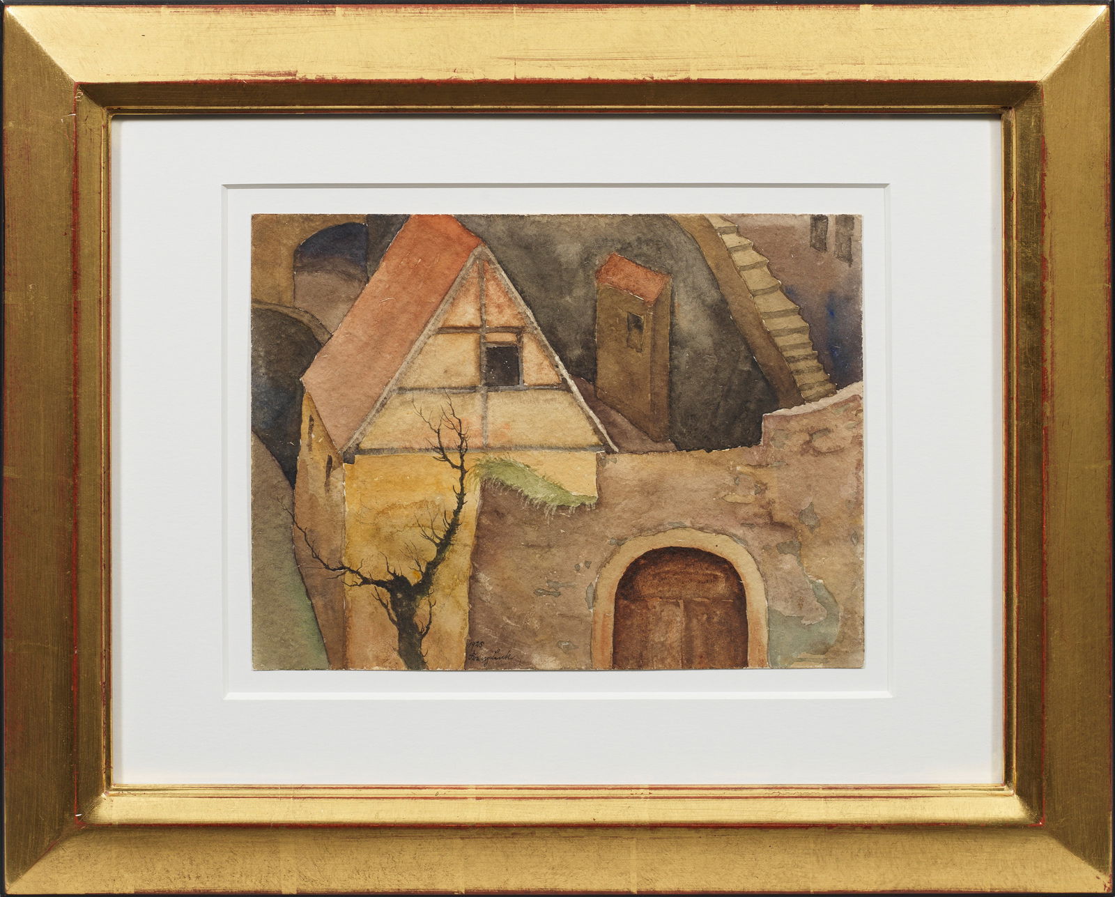 Franz Lenk: (1898 Langenbernsdorf - 1968 Schwäbisch Hall) Häuser In erdigem Kolorit und ausschnitthafter Komposition gemalte Häuserstudie mit kahlem Baum, Torbogen und schmaler Hoftreppe. Lenk, der