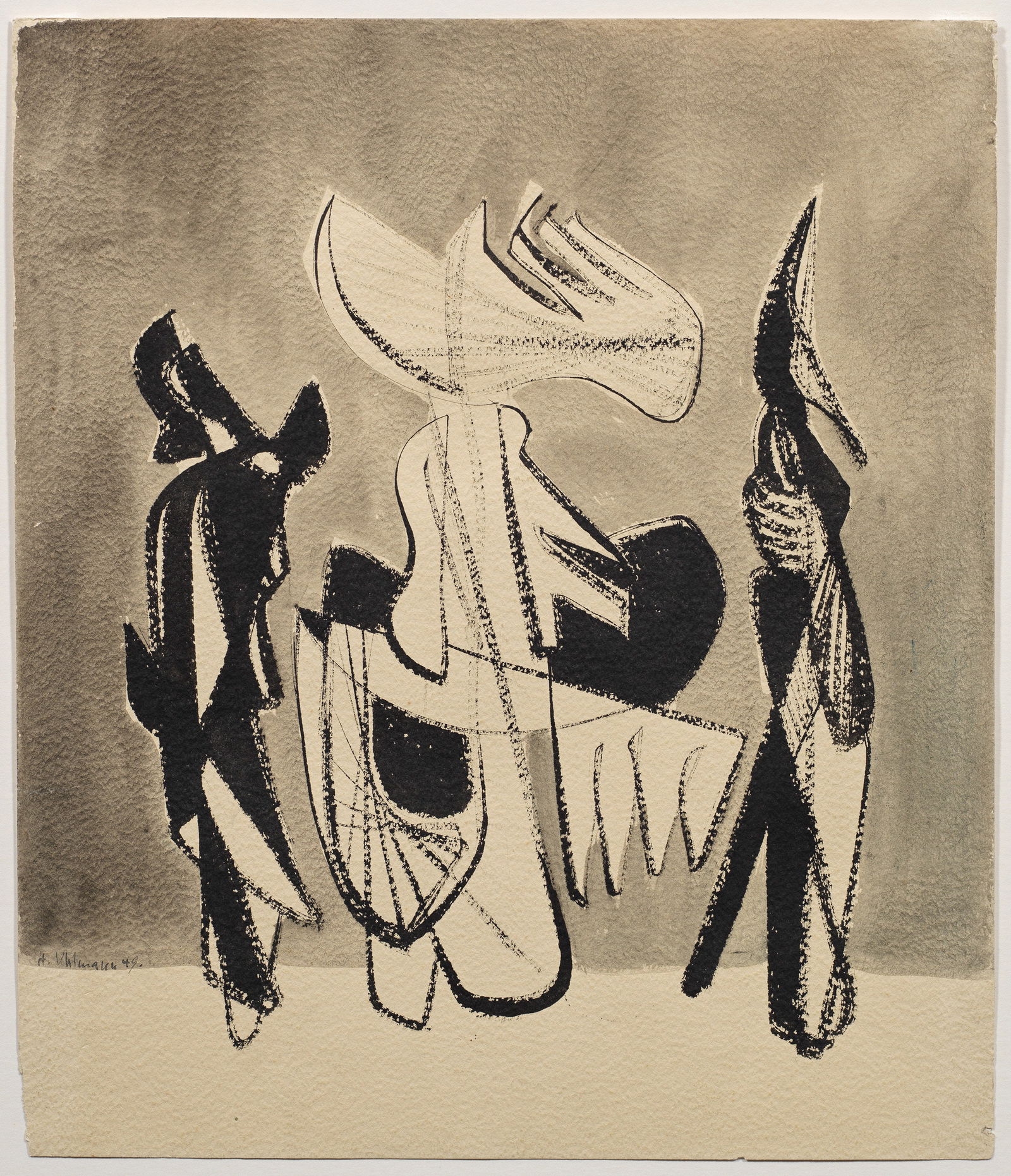 Hans Uhlmann: (1900 Berlin - 1975 ebenda) Figurative Komposition Abstrahierte, konstruktivistisch angelegte, aus fließenden Formen aufgebaute Figuren, die dem Betrachter in ihrem Zusammenspiel Bewegung vermitt