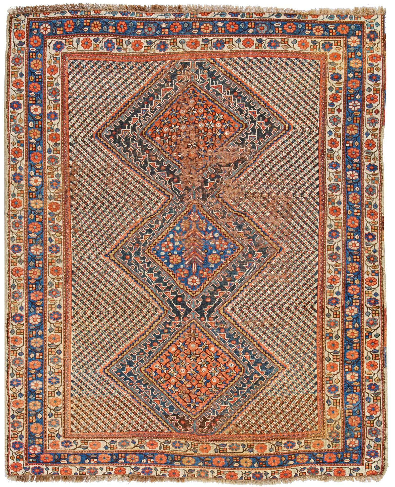 Alte Kasak-Brücke: Kaukasus. Um 1940. Wolle auf Wolle. Im Innenfeld drei große, unterschiedlich gefüllte Rautenmotive sowie flächendeckend dichte Streifenmusterung. Umlaufend dreiteilige Bordüre aus