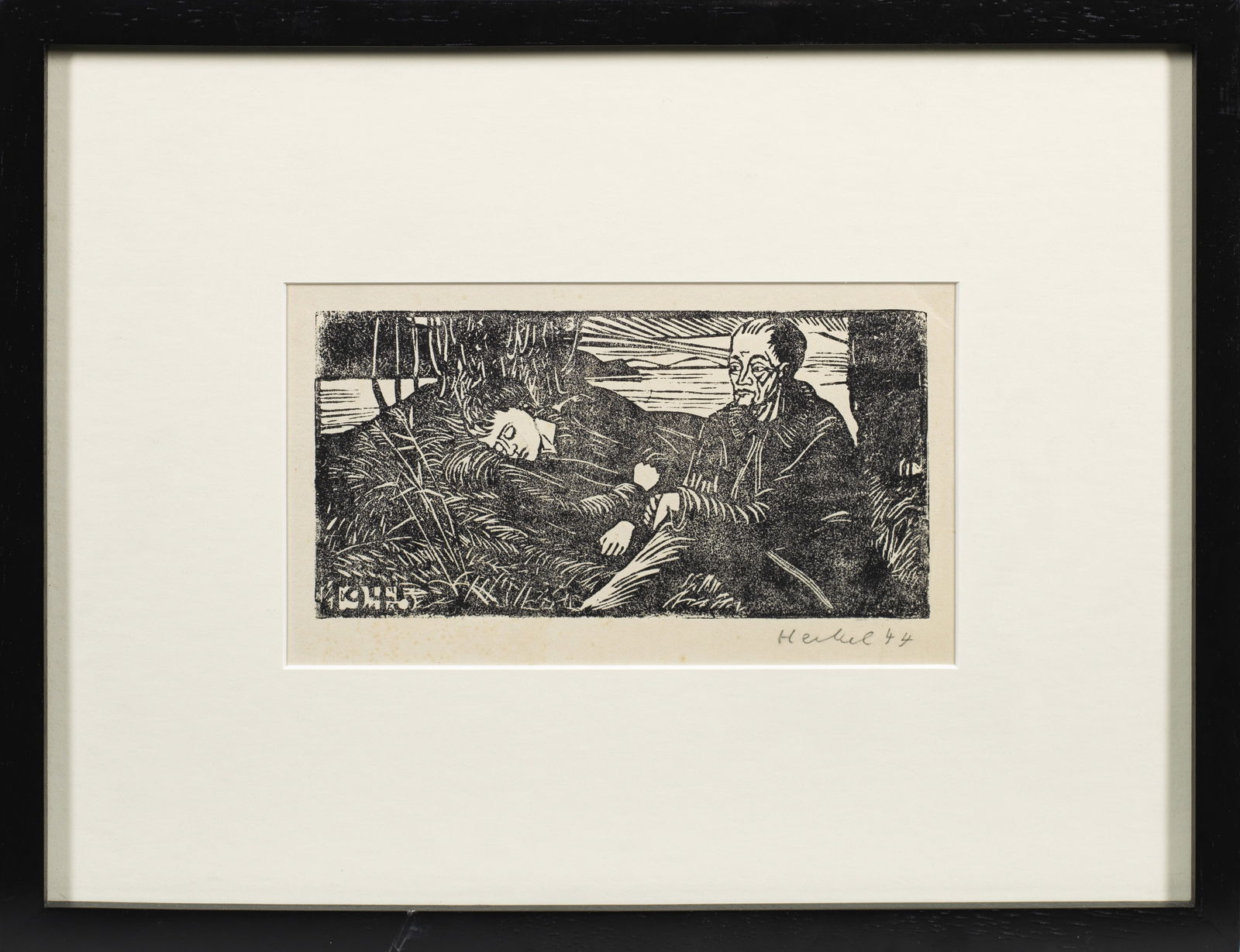 Erich Heckel: (1883 Döbeln - 1970 Radolfzell) "Totenwache". Originaltitel Holzschnitt/Velin, 1944. Sign. u. dat. 19(44); im Druckstock dat. 1945. Wvz. Dube H 375, Ebner/Gabelmann 869 H. Von Heckel nur an Freun