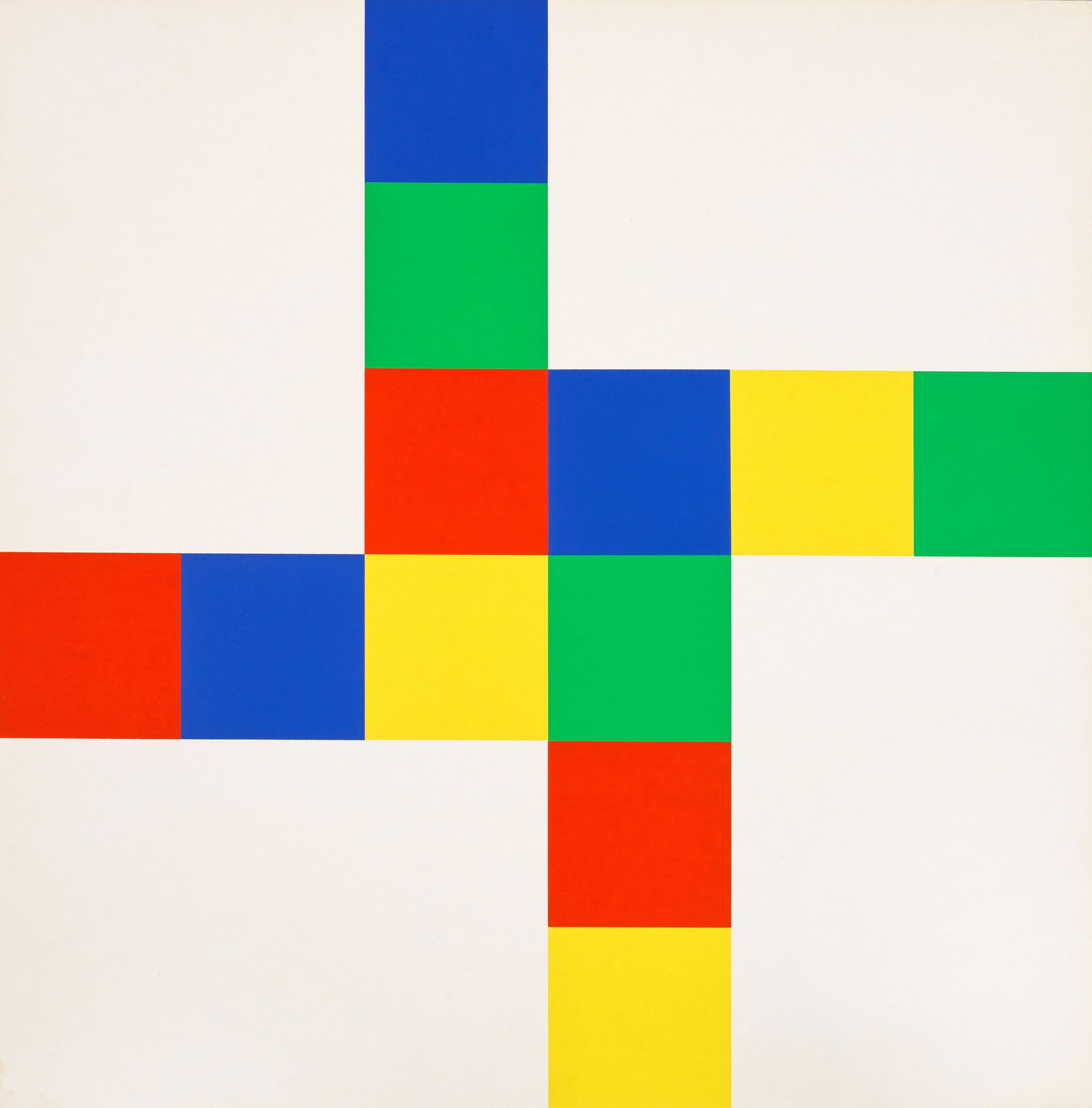 Richard Paul Lohse: (1902 Zürich - 1988 ebenda) "2 + 2 gleiche verschränkte Farbrhythmen an vier weissen Feldern (rot)". Originaltitel Farbserigraphie/leichter Karton, 1970. Verso sign., dat. (schwer leserl.),