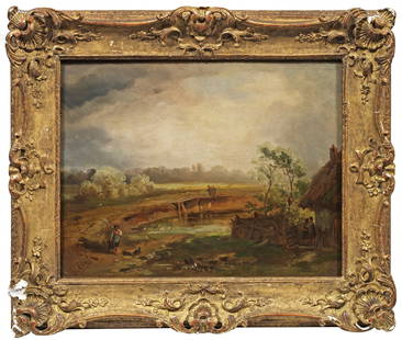 Carl Ebert: (1821 Stuttgart - 1885 München) Landschaft mit Dorfidyll Die mit lockerem Duktus gemalte Landschaft zeigt mit seinem temperamentvollen, auf die Gesamtstimmung hin angelegten Stil, den prägen