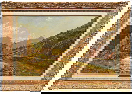 Alfred Godchaux: (1839 Paris - 1907 Reims) "Vue Prise dans la Vallée de Campan". Originaltitel Mit fein nuanciertem Pinselduktus und in meisterhaft zarter Lichtstimmung gemalte Landschaftsimpression Godchauxs, de
