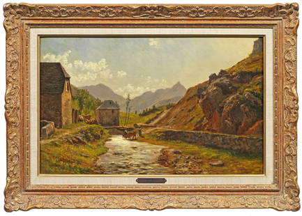 Alfred Godchaux: (1839 Paris - 1907 Reims) "Vue Prise dans la Vallée de Campan". Originaltitel Mit fein nuanciertem Pinselduktus und in meisterhaft zarter Lichtstimmung gemalte Landschaftsimpression Godchauxs, de