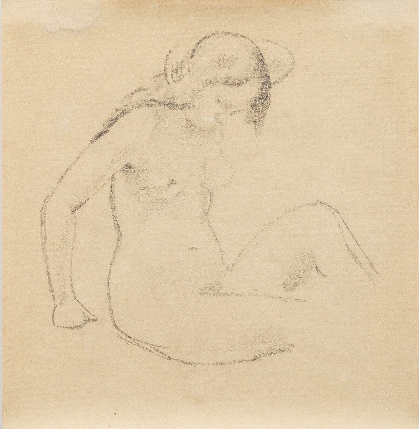 August Macke: (1887 Meschede - 1914 bei Perthes-lès-Hurlus) "Nacktes Mädchen". Originaltitel Gekonnt flüchtig skizzierter weiblicher Akt, der sich sitzend auf der rechten Faust abstützt und mit