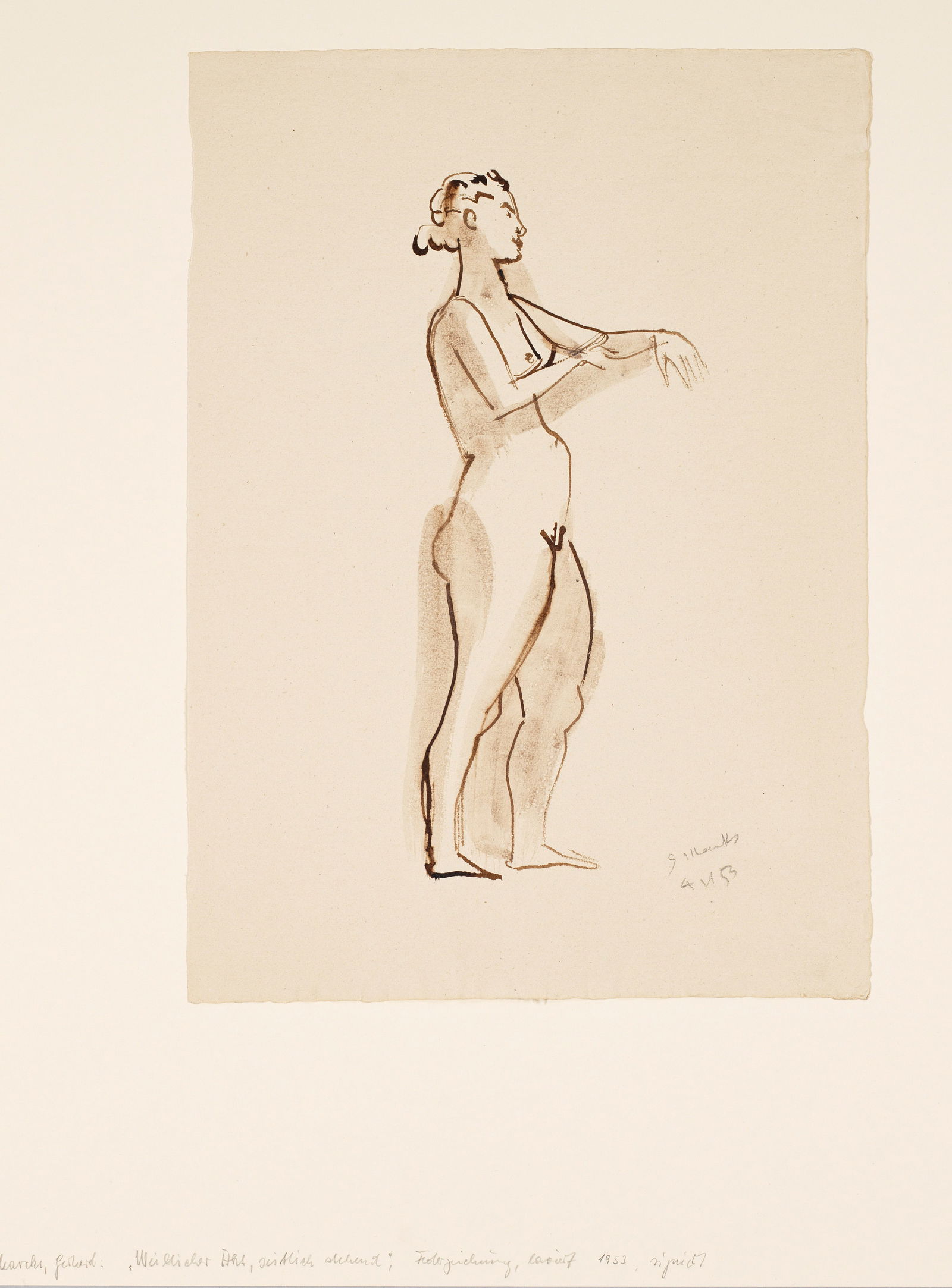 Gerhard Marcks: (1889 Berlin - 1981 Burgbrohl/Eifel) Stehender weiblicher Akt im Profil Schönes, typisches Blatt des vielseitigen, als Bildhauer, Zeichner, Grafiker, Keramiker und Designer tätigen Küns