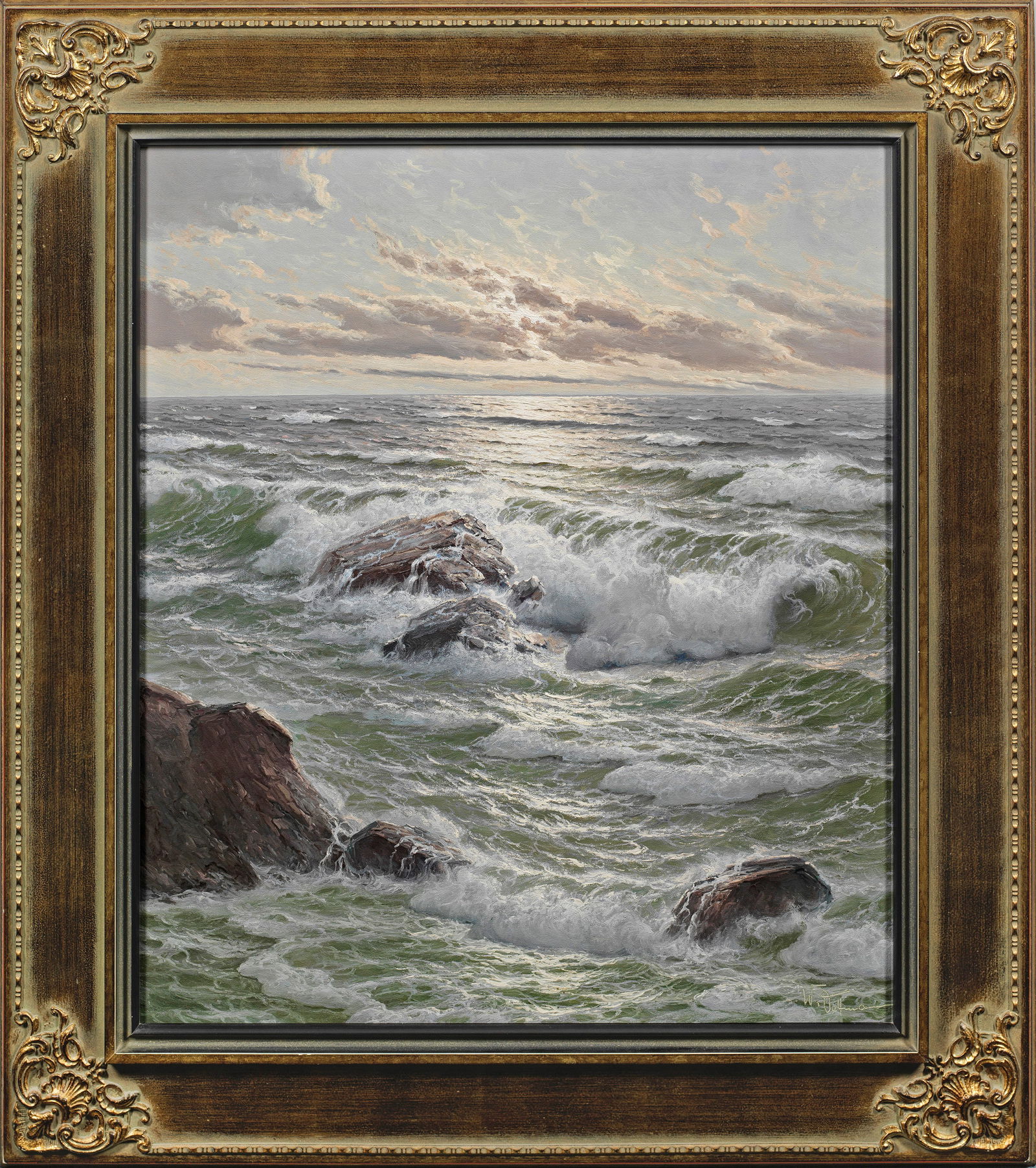 Walter Dettmann: (1914 Kolberg - 1984 Berlin) Brandung im Abendlicht Dettmanns Hauptsujets waren, wie die seines Zeitgenossen Patrick von Kalckreuth, vornehmlich maritime Motive, insbesondere atmosphärisch gestim