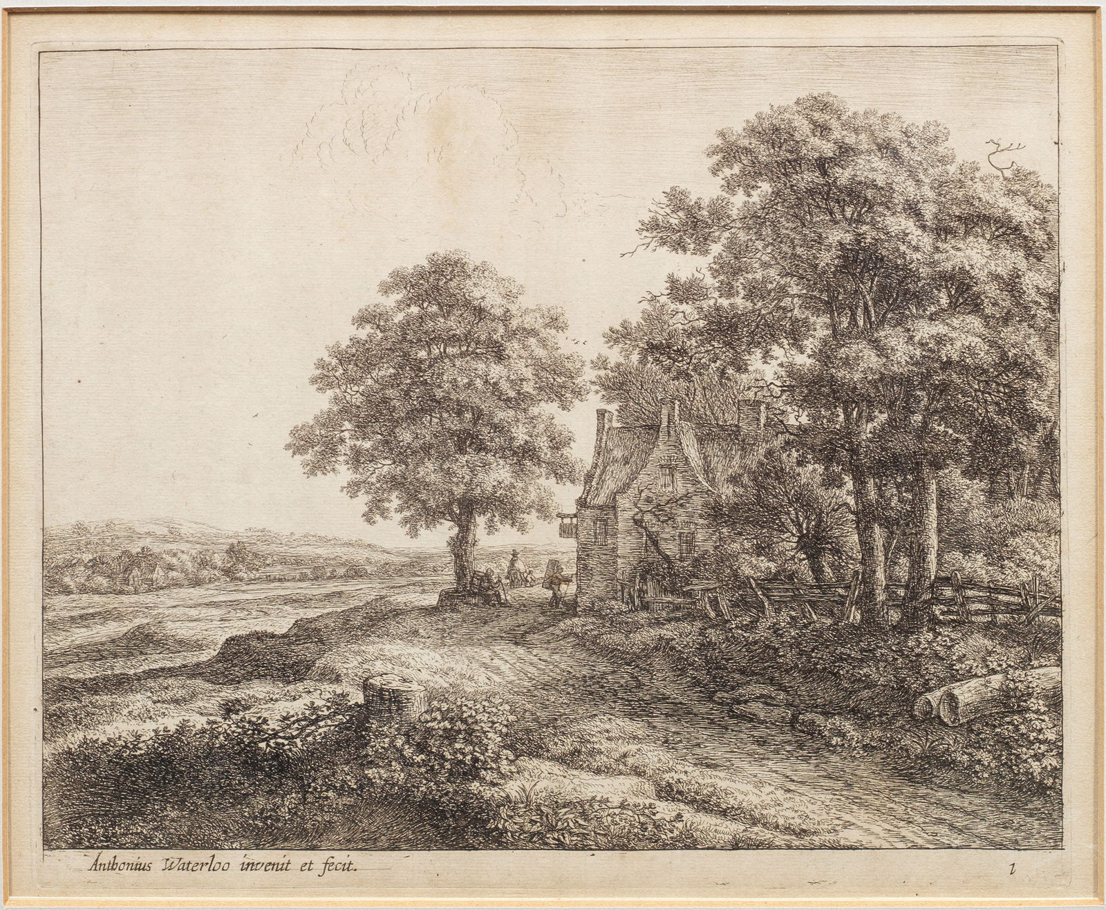 Anthonie Waterloo: (1609 Lille oder Utrecht - 1690 Utrecht) "Eine große Linde vor einer Herberge". Originaltitel Radierung/Papier. In der Platte bez. "Anthonius Waterloo invenit et fecit / 1". Blatt 1 aus einer Ser