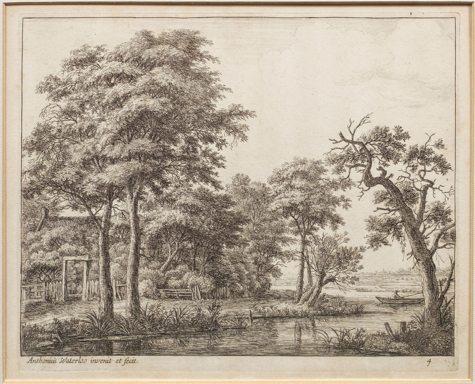 Anthonie Waterloo: (1609 Lille oder Utrecht - 1690 Utrecht) "Bauernhaus am Wasser". Originaltitel Radierung/Papier. In der Platte bez. "Anthonius Waterloo invenit et fecit / 4". Blatt 4 aus einer Serie von 6 Landschafte