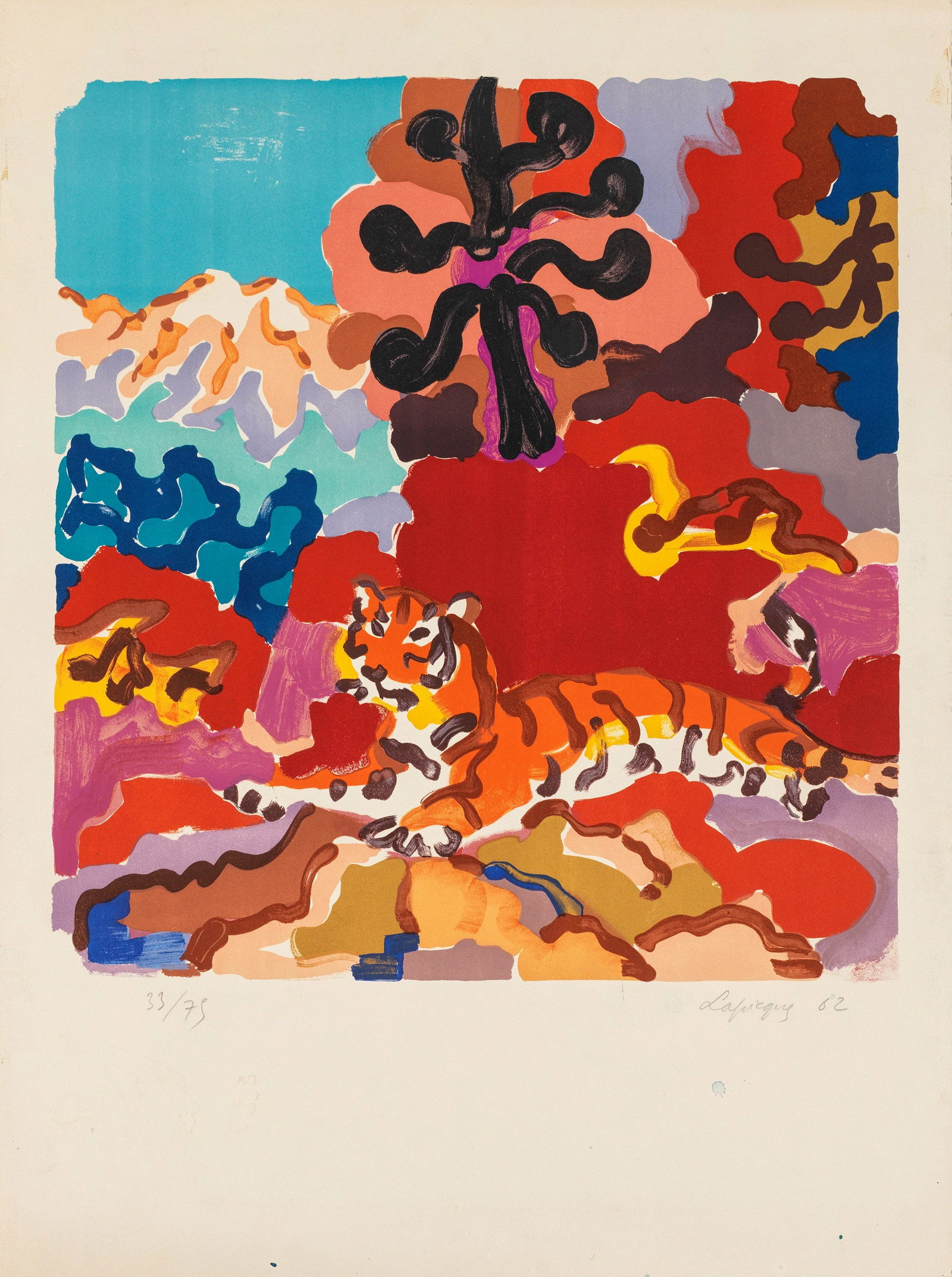 Charles Lapicque: (1898 Theizé - 1988 Orsay) Zwei Grafiken: "Landschaft mit Zypressen" und "Landschaft mit Tiger" Zwei Farblithographien/Arches-Velin (Wasserzeichen), 1962 und um 1964. Jeweils sign. und nummeriert
