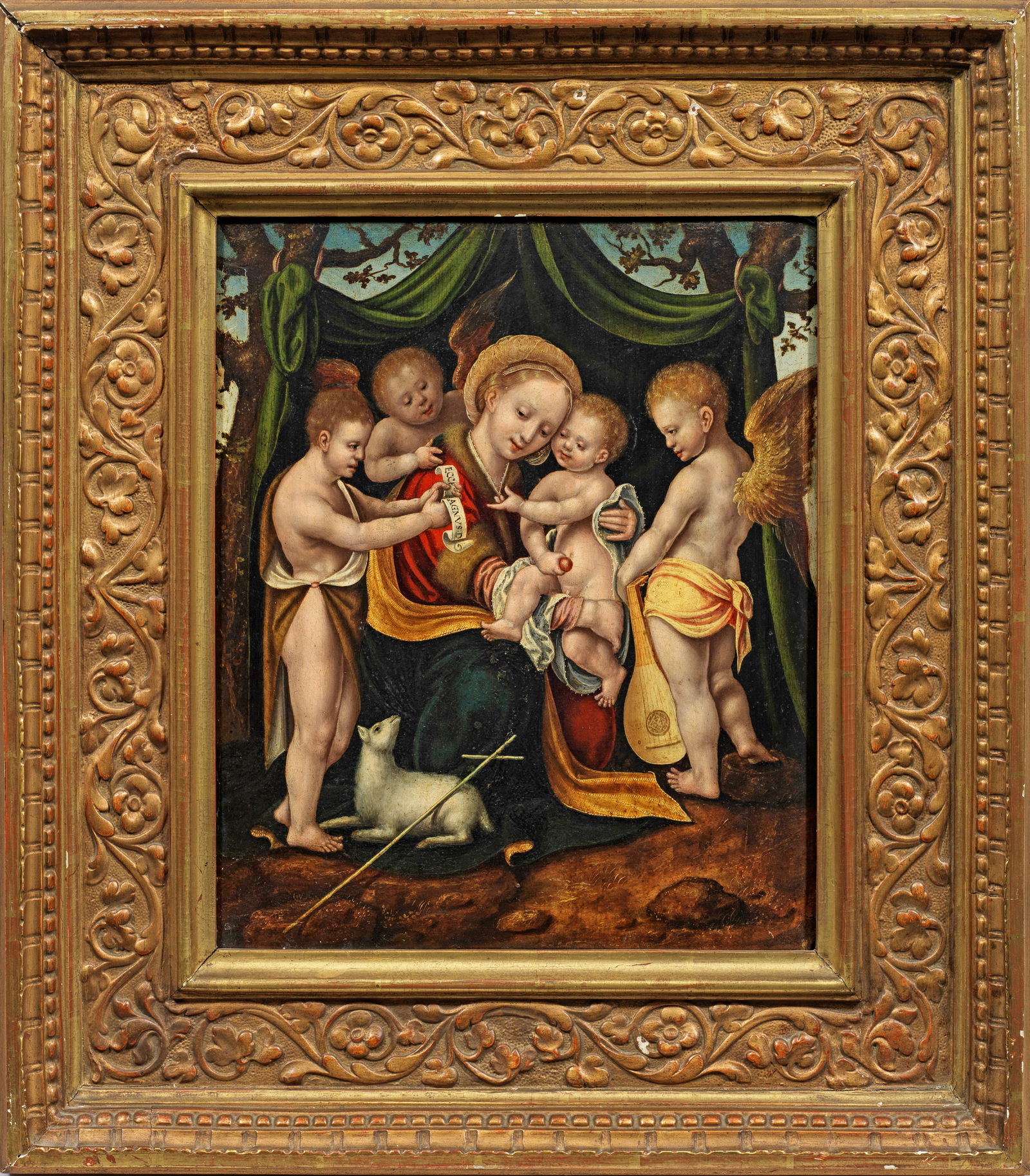 Joos van Cleve: (1485 Kleve - 1540 in Antwerpen) Umkreis Madonna mit dem Johannes-Knaben, dem Lamm Gottes und zwei Engeln Das vorliegende charmante, private Andachtsbild ist ein bedeutendes Zeugnis des künstleri