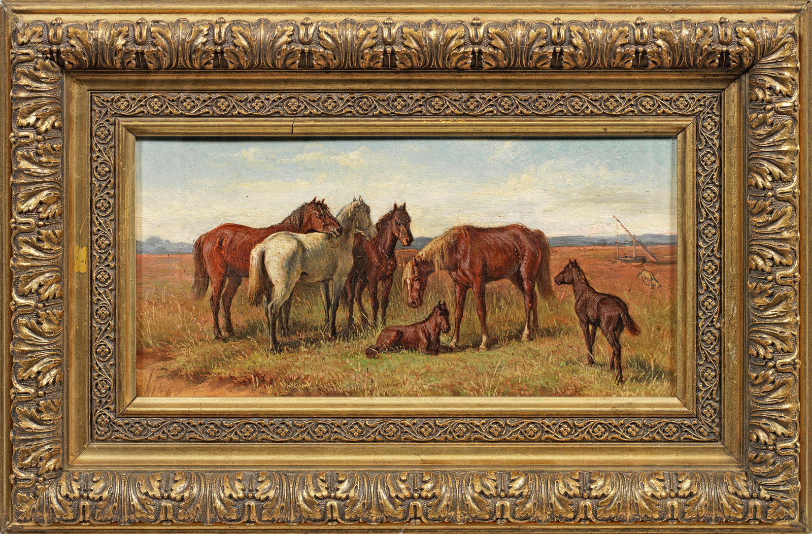 Franz Adam: (1815 Mailand - 1886 München) Umkreis Pferde in der Puszta Lebendige Darstellung einer Gruppe von vier Stuten und zwei Fohlen. Öl/Malkarton. Verso alte Zuschreibung an Otto Stotz (1805 - 187